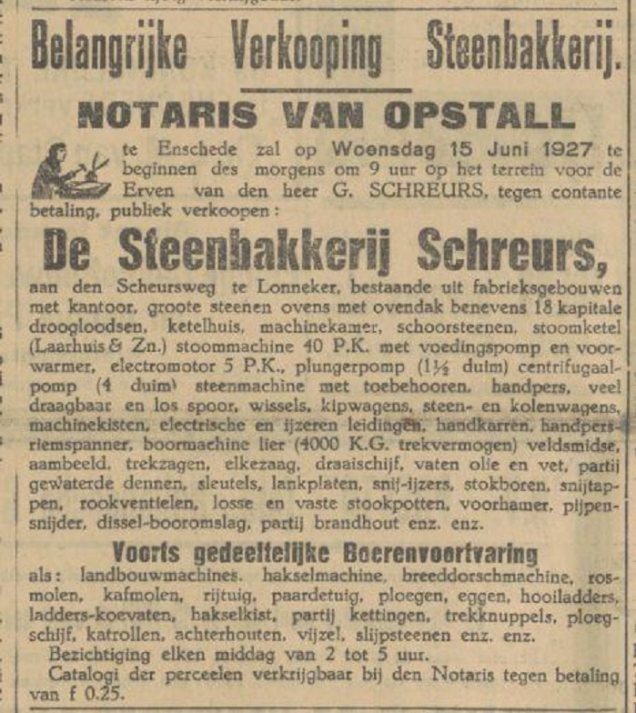 Schreursweg Steenbakkerij Schreurs advertentie Tubantia 11-6-1927.jpg