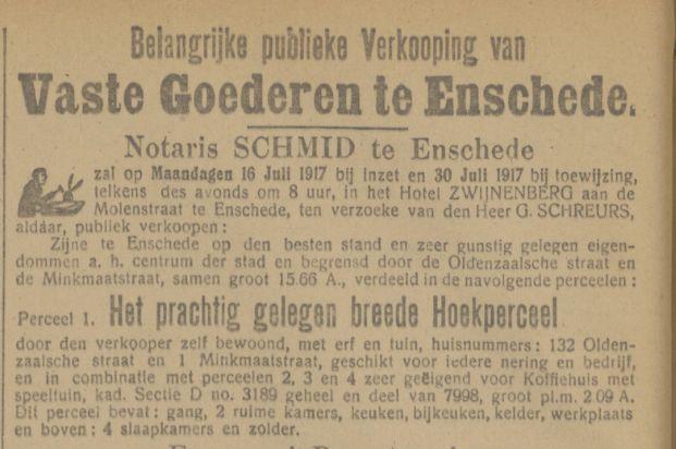Oldenzaalschestraat 132 hoek Minkmaatstraat G. Schreurs advertentie Tubantia 7-7-1917.jpg