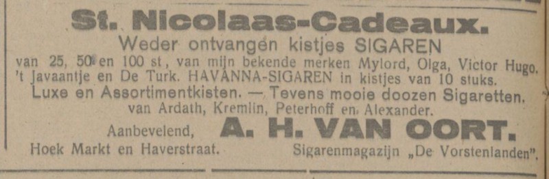Haverstraat hoek Markt sigarenmagazijn De Vorstenlanden A.H. van Oort advertentie Tubantia 1-12-1915.jpg