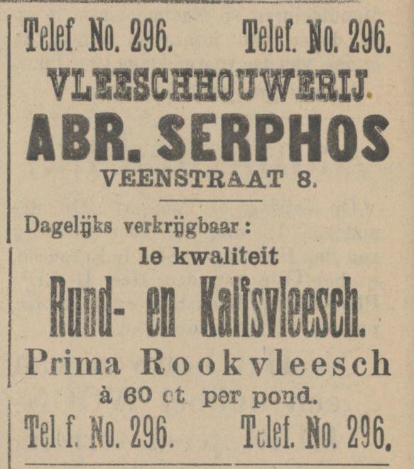 Veenstraat 8 Abr. Serphos vleeschhouwerij advertentie Tubantia 1-2-1910.jpg