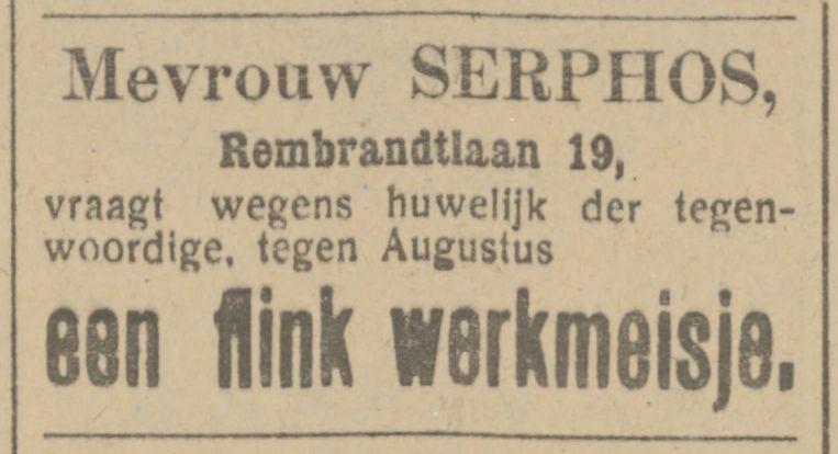 Renbrandtlaan 19 Mevr. Serphos advertentie Tubantia 10-4-1913.jpg