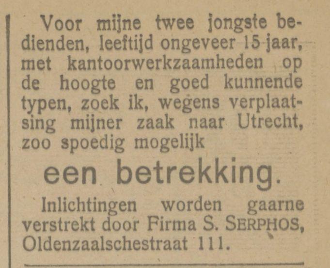 Oldenzaalschestraat 111 Firma S. Serphos advertentie Tubantia 2-9-1921.jpg