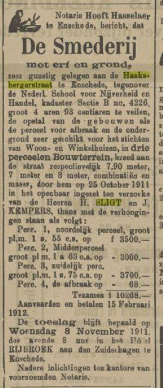 Haaksbergerstraat H. Sligt smederij tegenover Nederl. School voor Nijverheid en Handel advertentie Tubantia 28-10-1911.jpg