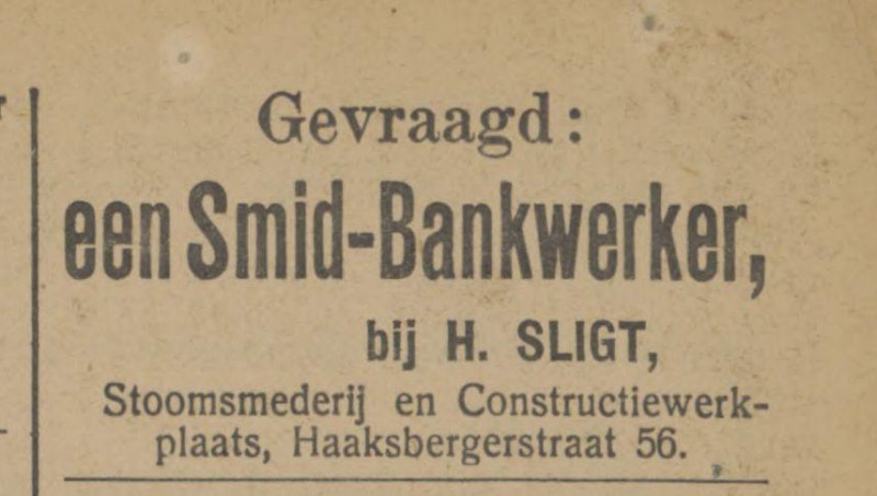Haaksbergerstraat 56 H. Sligt Stoomsmederij Constructiewerkplaats advertentie Tubantia 9-1-1914.jpg
