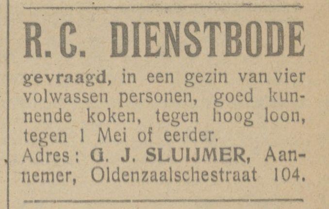 Oldenzaalschestraat 104 G.J. Sluijmer Aannmer advertentie Tubantia 4-3-1922.jpg