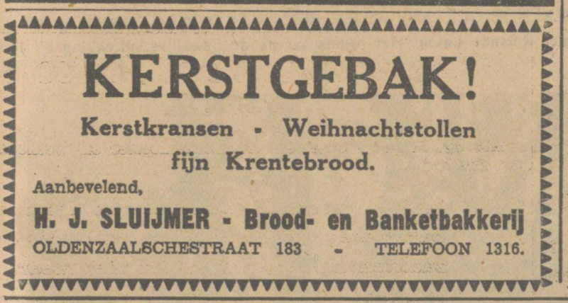 Oldenzaalschestraat 183  H.J. Sluijmer Brood- en Banketbakkerij advertentie Tubantia 21-12-1932.jpg