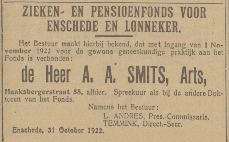 Haaksbergerstraat 58 A.A. Smits Arts advertentie Tubantia 31-10-1922.jpg