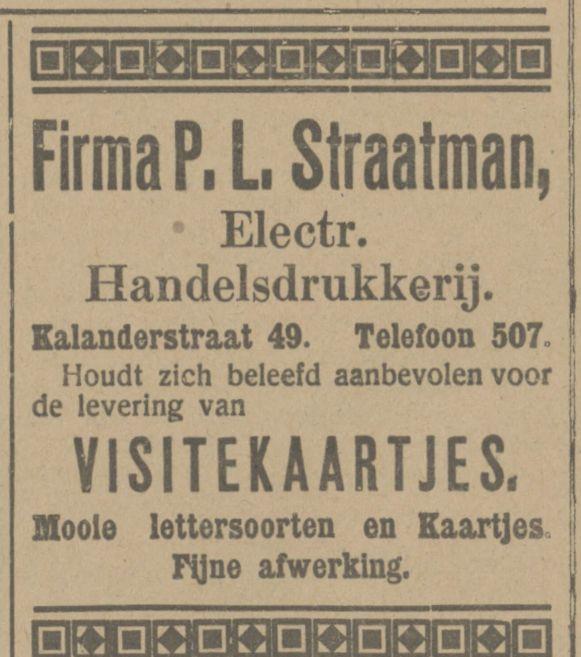 Kalanderstraat 49 Firma P.L. Straatman Electr. handelsdrukkerij advertentie Tubantia 14-12-1914.jpg