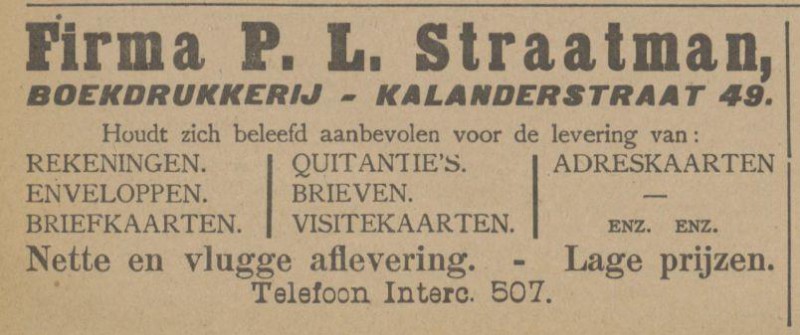 Kalanderstraat 49 Firma P.L. Straatman Boekdrukkerij advertentie Tubantia 3-9-1914.jpg