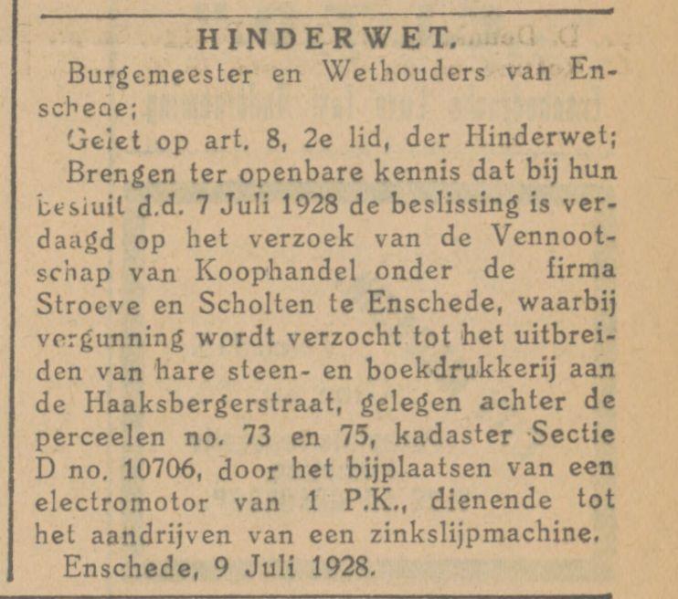 Haaksbergerstraat 73-75 Fa. Stroeve en Scholten steen- en boekdrukkerij advertentie Tubantia 11-7-1928.jpg