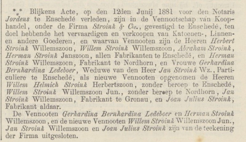 Herman Stroink Janszoon vennoot Firma Stroink & Cie, bericht Nederlandsche Staatscournat 21-6-1881.jpg