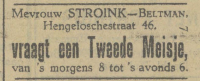 Hengeloschestratat 46 Mevr. Stroink-Beltman advertentie Tubantia 1-5-1929.jpg