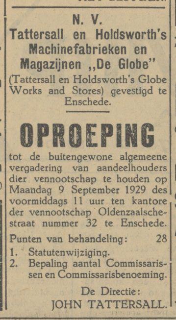 Oldenzaalschestraat 32 Tattersall en Holdsworths Machinefabriek en Magazijn De Globe Works advertentie Tubantia 17-8-1929.jpg