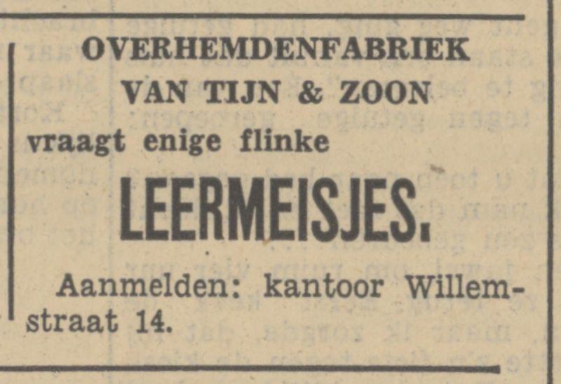 Willemstraat 16 Overhemdenfabriek an Tijn & Zoon advertentie Tubantia 16-9-1936.jpg