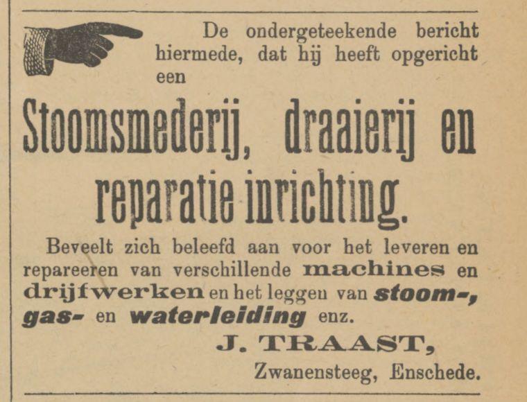 Zwanensteeg  J. Traast stoomsmederij advertentie Tubantia 28-6-1899.jpg