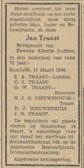 Oldenzaalsestraat 148 Jan Traast overlijdensadvertentie Tubantia 11-3-1940.jpg