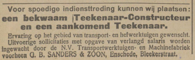 Bleekerstraat N.V. Transportwerktuigen- en Machinefabriek v.h. G.B. Sanders & Zn. advertentie Tubantia 4-7-1925.jpg