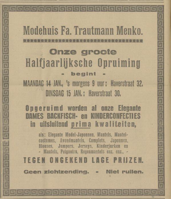 Haverstraat 30-32 Modehuis Fa. Trautmann Menko advertentie Tubantia 11-1-1924.jpg