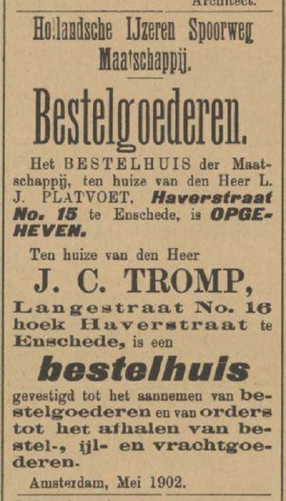 Langestraat 16 J.C. Tromp Hollandsche IJzeren Spoorweg Maatschappij advertentie Tubantia 6-5-1902.jpg
