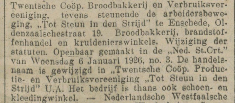 Oldenzaalschestraat 19 Twentsche Coöp Broodbakkerij en Verbruikersvereeniging Tot Steun in den Strijd krantenbericht 13-2-1921.jpg