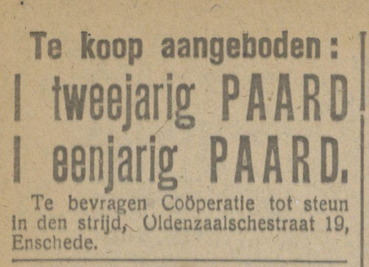 Oldenzaalschestraat 19 Coöperatie Tot steun in den strijd advertentie Tubantia 5-4-1918.jpg