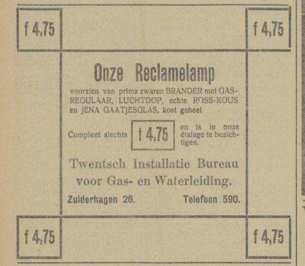 Zuiderhagen 26 Twentsch Installatie Bureau voor Gas- en Waterleiding advertentie Tubantia 25-7-1913.jpg