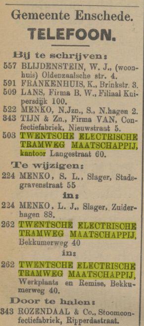 Langestraat 60 Twentsche Electrische Tramweg Maatschappij advertentie 30-10-1909.jpg