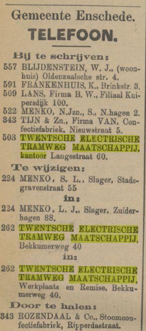Langestraat 60 Twentsche Electrische Tramweg Maatschappij advertentie 30-10-1909.jpg