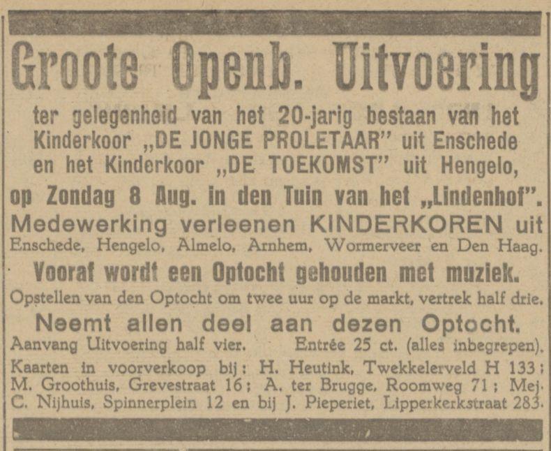 Kinderkoor De Jonge Proletaar advertentie Tubantia 5-8-1926.jpg