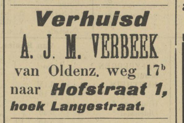 Hofstraat 1 hoek Langestraat A.J.M. Verbeek advertentie Tubantia 3-10-1907.jpg
