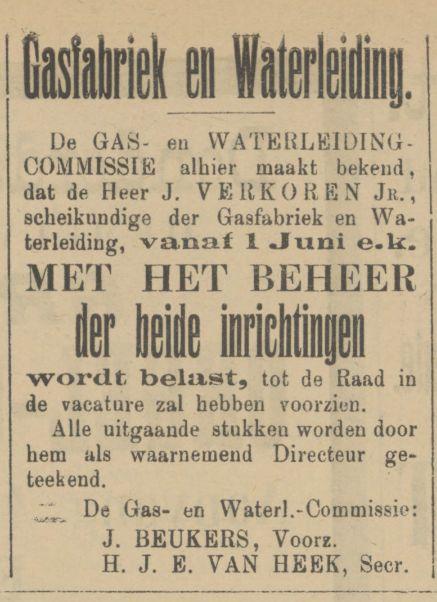 J. Verkoren Jr. directeur Gasfabriek en Waterleiding advertentie Tubantia 30-5-1905.jpg
