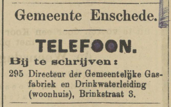 Brinkstraat 3 Directeur Gemeentelijk Gasfebriek en Drinkwaterleiding advertentie Tubantia 29-10-1907.jpg