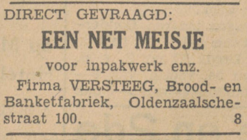 Oldenzaalschestraat 100 Firma Versteeg Broek- en Banketfabriek asvertentie Tubantia3-6-1931.jpg