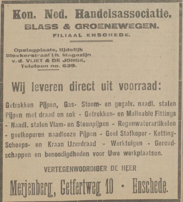 Bleekerstraat Van der Vliet & De Jonge Telefoon 639 advertentie Tubantia 22-11-1929.jpg