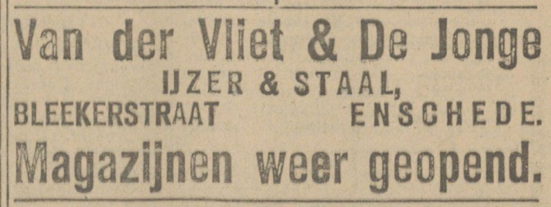 Bleekerstraat Van der Vliet & De Jonge IJzer & Staal Tubantia 4-8-1920.jpg