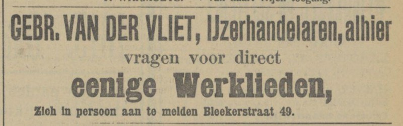 Bleekerstraat 49 Gebr. van der Vliet IJzerhandelaren advertentie Tubantia 1-8-1913.jpg