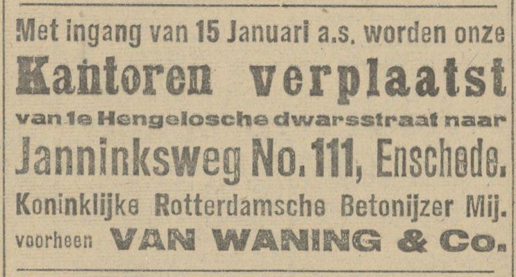 1e Hengeloschedwarsstraat naar Janninksweg 111 Koninklijke Rotterdamsche Betonijzer Mij. voorheen Waning & Co. advertentie Tubantia 12-1-1920.jpg