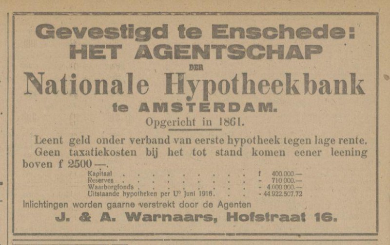 Hofstraat 16 J. & A. Warnaars Agentschap advertentie Tubantia 5-12-1916.jpg