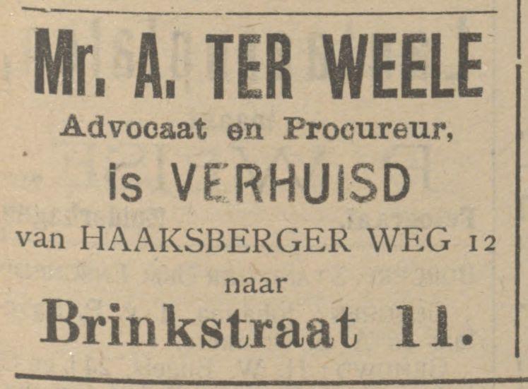 Brinkstraat 11 Mr. A. ter Weele Advocaat en Procureur advertentie Tubantia 22-11-1912.jpg