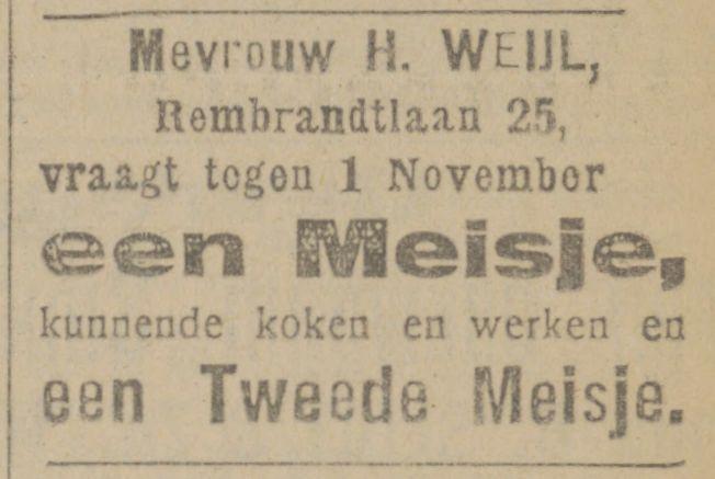 Rembrandtlaan 25 Mevr. H. Weijl advertentie Tubantia 27-9-1919.jpg