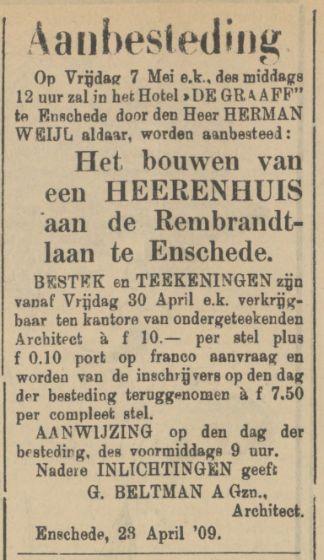 Rembrandtlaan Herman Weijl advertentie Tubantia 29-4-1909.jpg