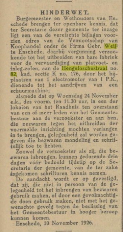 Hengeloschestraat 82 Gebr. Weijl krantenbericht Tubantia 11-11-1926.jpg