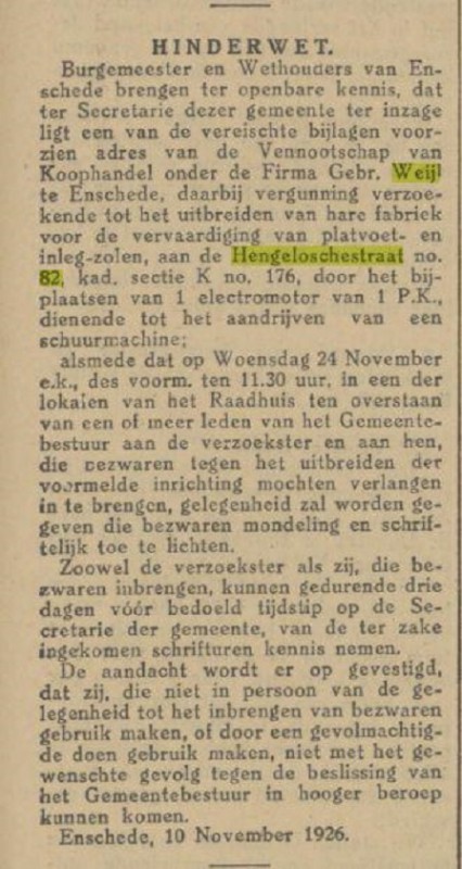 Hengeloschestraat 82 Gebr. Weijl krantenbericht Tubantia 11-11-1926.jpg