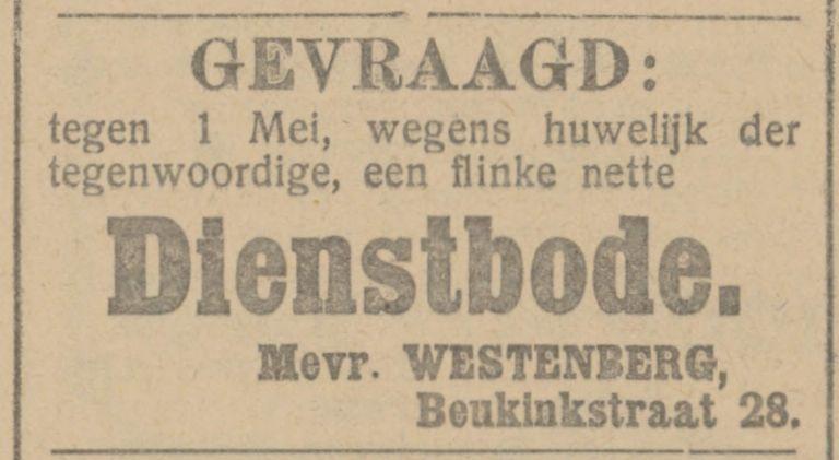 Beukinkstraat 28 Mevr. Westenberg advertentie Tubantia 7-1-1913.jpg