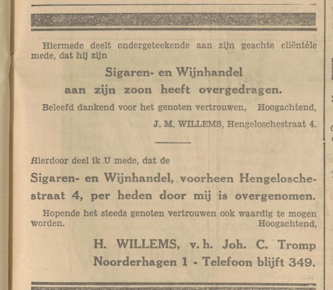 Hengeloschestraat 4 J.M. Willems v,h, Joh. C. Tromp Sigaren- en Wijnhandel advertentie Tubantia 16-10-1931.jpg