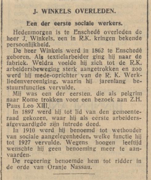 J. Winkels wethouder overleden krantenbericht 30-6-1931.jpg