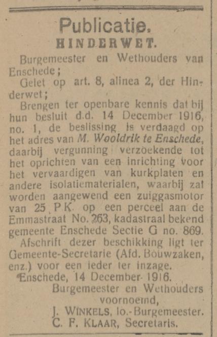 Emmastraat 263 M. Wooldrik Hinderwet bericht Tubantia 15-12-1916.jpg