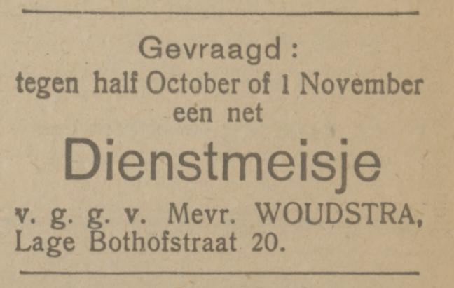 Lage Bothofstraat 20 Mevr. Woudstra advertentie Tubantia 9-9-1921.jpg