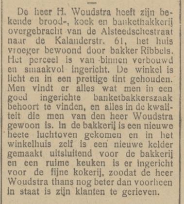 Alsteedschestraat 5 H. Woudstra bakkerij naar Kalanderstraat 61  krantenbericht  Tubantia 1-9-1924.jpg