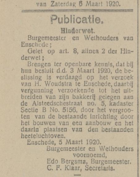 Alsteedschestraat 5 H. Woudstra bakkerij krantenbericht Tubantia 6-3-1920.jpg